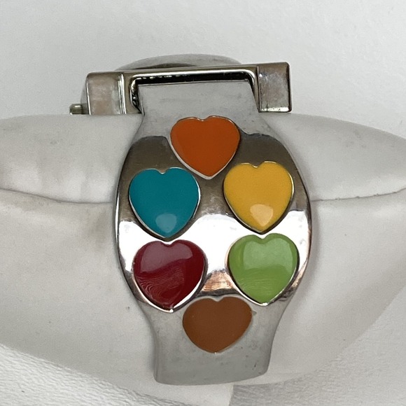 Geneva Platinum Watch Women Silver Tone Open Cuff Enamel Hearts New Battery 6" - Picture 2 of 9